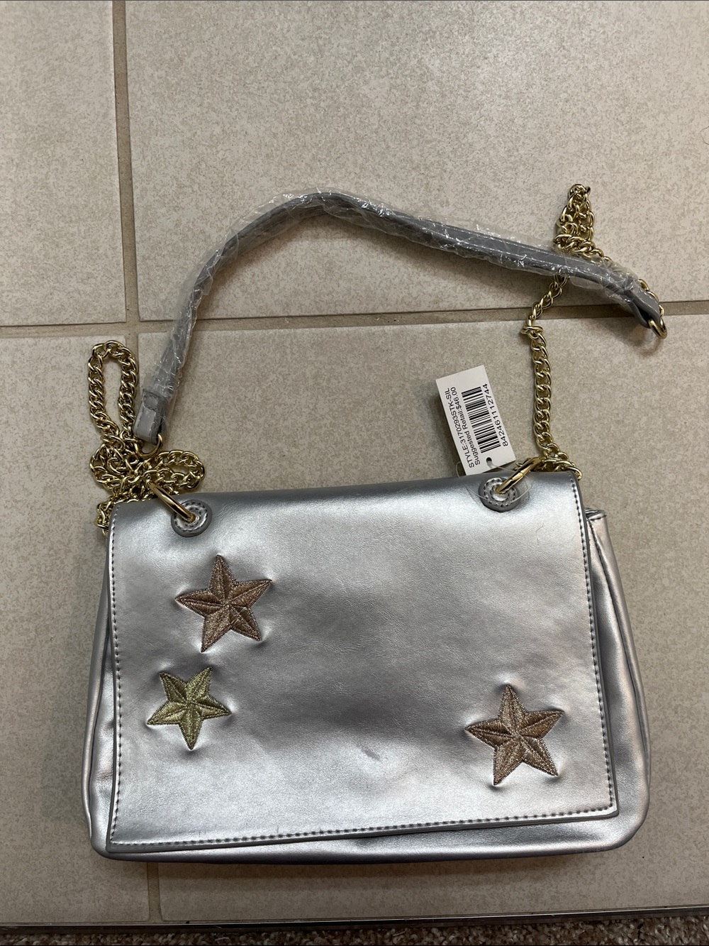 Silver Star-Appliqué Chain Shoulder Bag - Metallic Silver